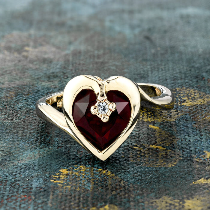 Vintage 1970s Heart Shape Ring with Clear Austrian Crystal 18k Yellow Gold Electroplated