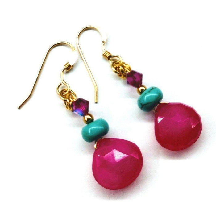 14 KT Gold Filled Wire Wrapped Pink And Turquoise Drop Gemstone Earrings