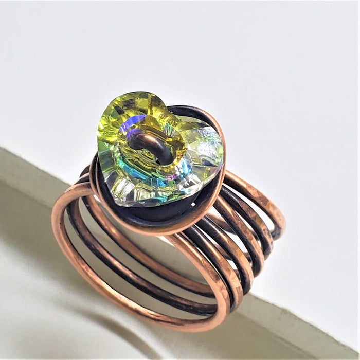 Copper Wire Wrapped Crystal Heart Glam Ring