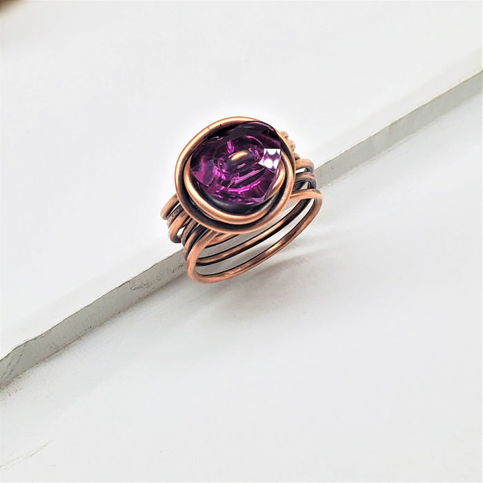 Copper Wire Wrapped Crystal Heart Glam Ring