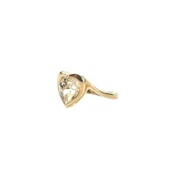 Vintage 1970s Heart Shape Ring with Clear Austrian Crystal 18k Yellow Gold Electroplated