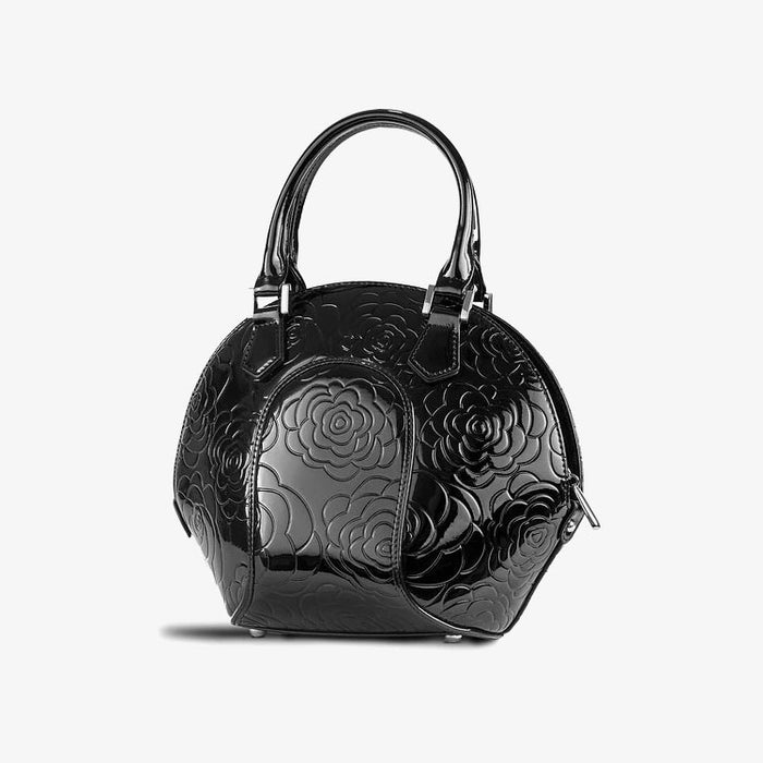 Svetlana Flower Print Black Leather Handbag