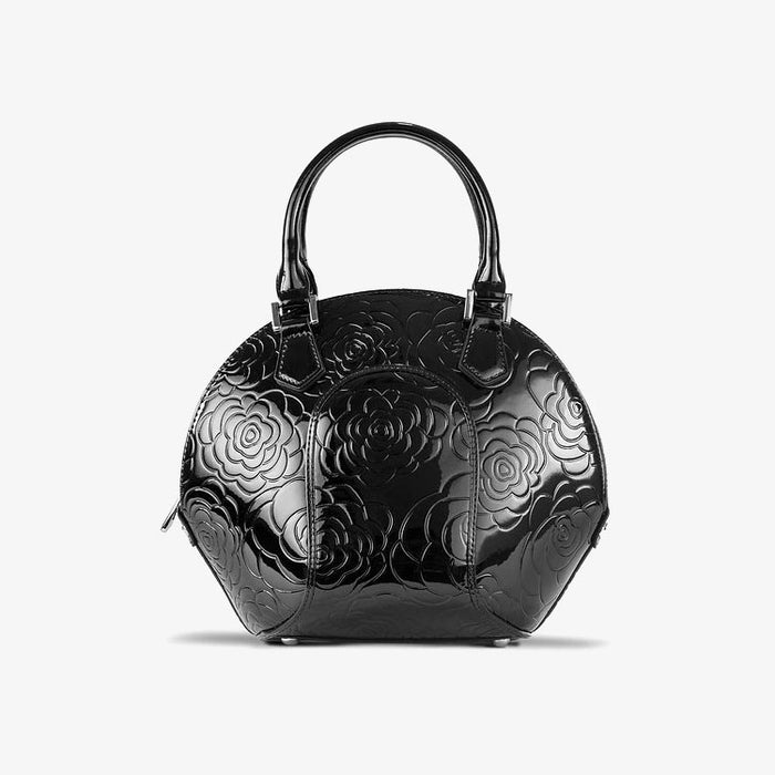 Svetlana Flower Print Black Leather Handbag