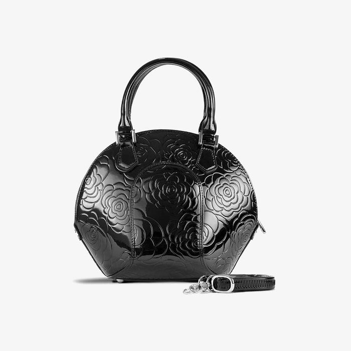 Svetlana Flower Print Black Leather Handbag