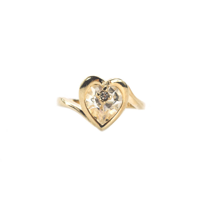 Vintage 1970s Heart Shape Ring with Clear Austrian Crystal 18k Yellow Gold Electroplated