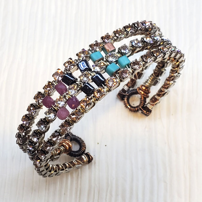 Large Wire Wrapped Triple Glam Crystal Gemstone Cuff