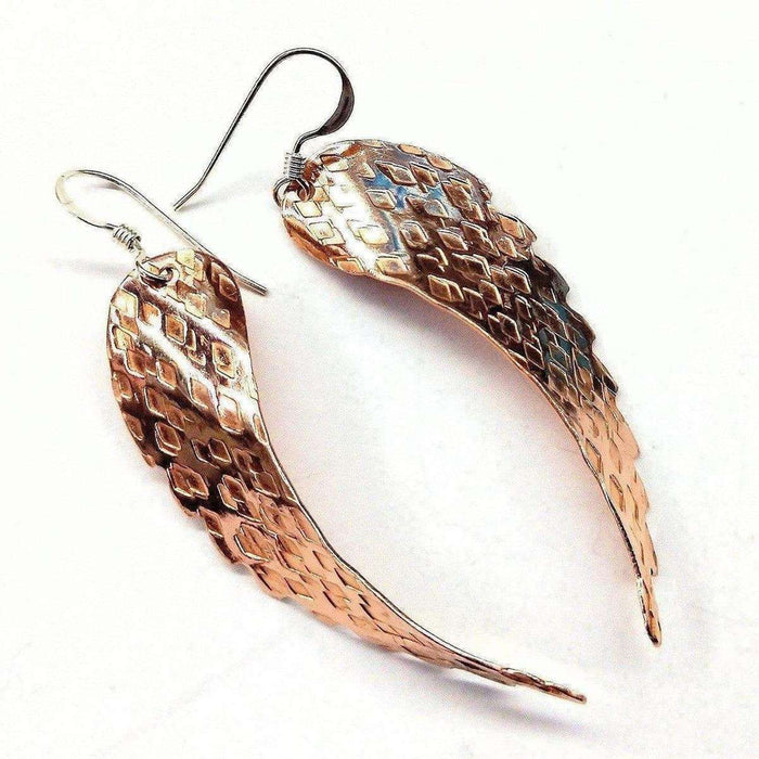 Copper Hammer Pattern Sculpted Angel Wings Earrings