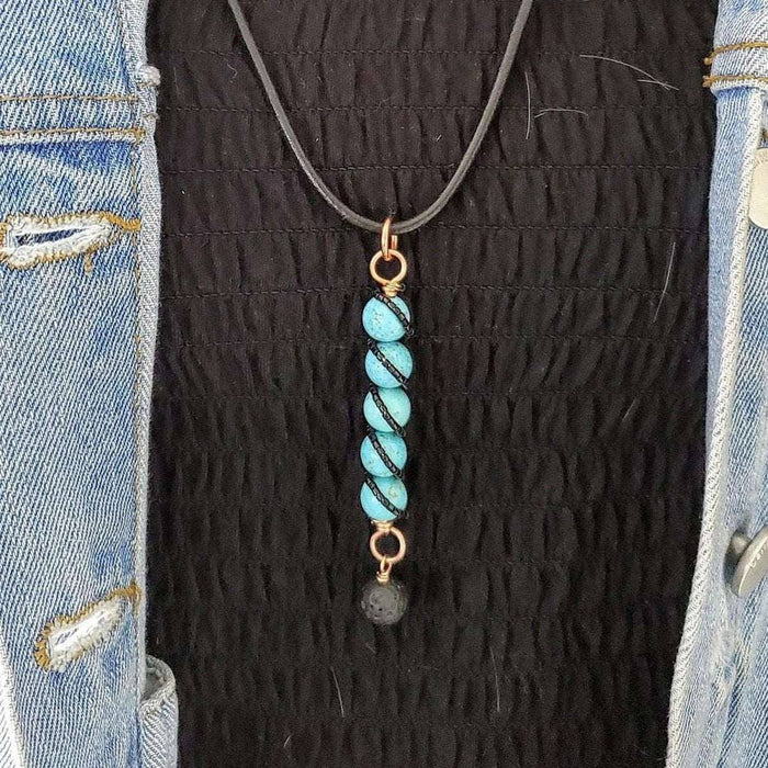 Copper Spiral Turquoise Stick Pendant With Essential Oil Lava Rock Bead Charm