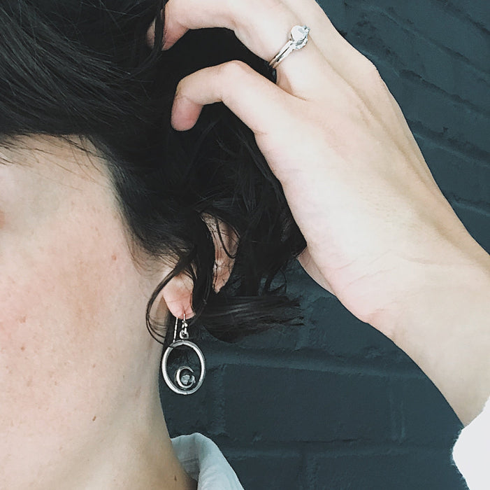 Circle Silver Earrings with Raw Meteorite