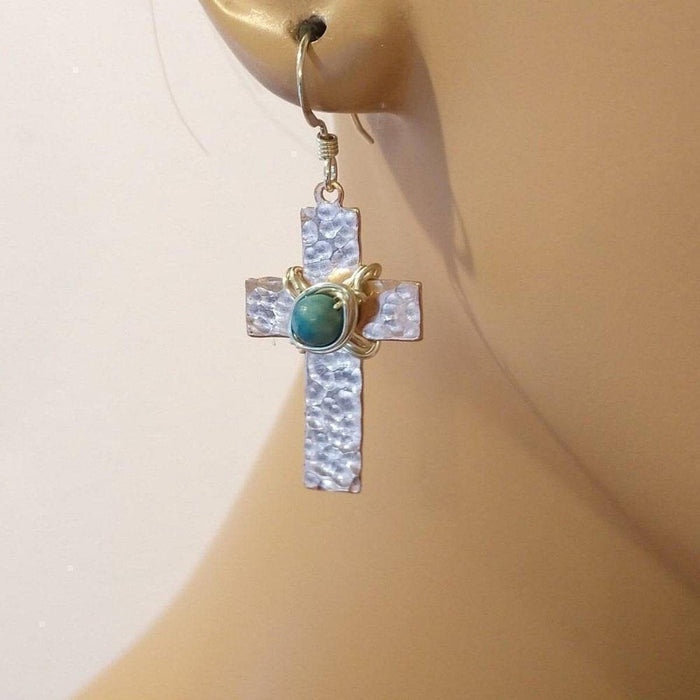 Hammered Copper Cross Earrings with Turquoise Beads