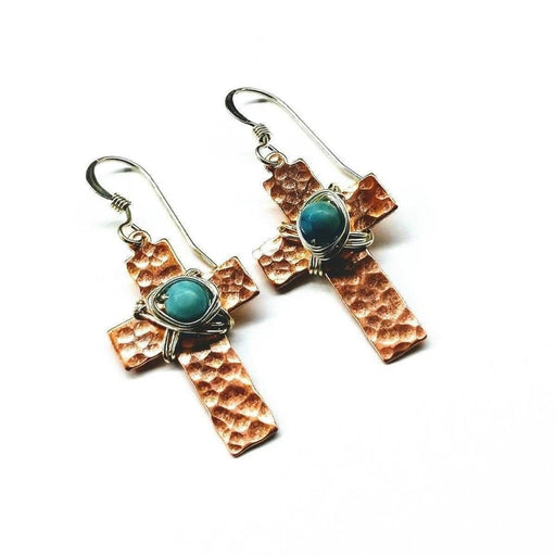 Hammered Copper Cross Earrings with Turquoise Beads