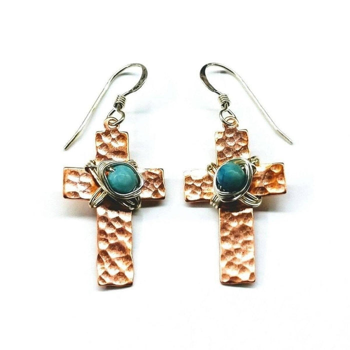 Hammered Copper Cross Earrings with Turquoise Beads