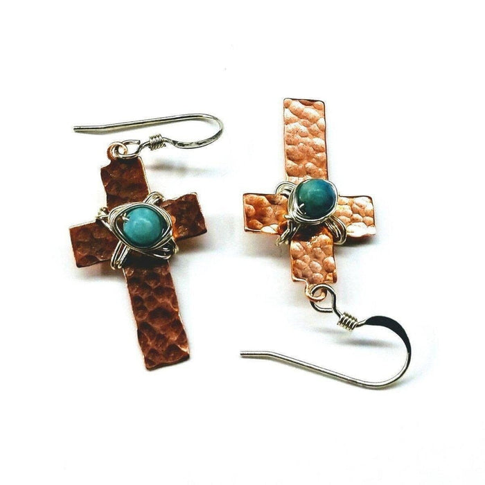 Hammered Copper Cross Earrings with Turquoise Beads