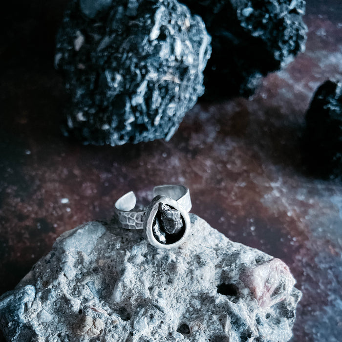 Chunky Teardrop Raw Meteorite Ring in Silver