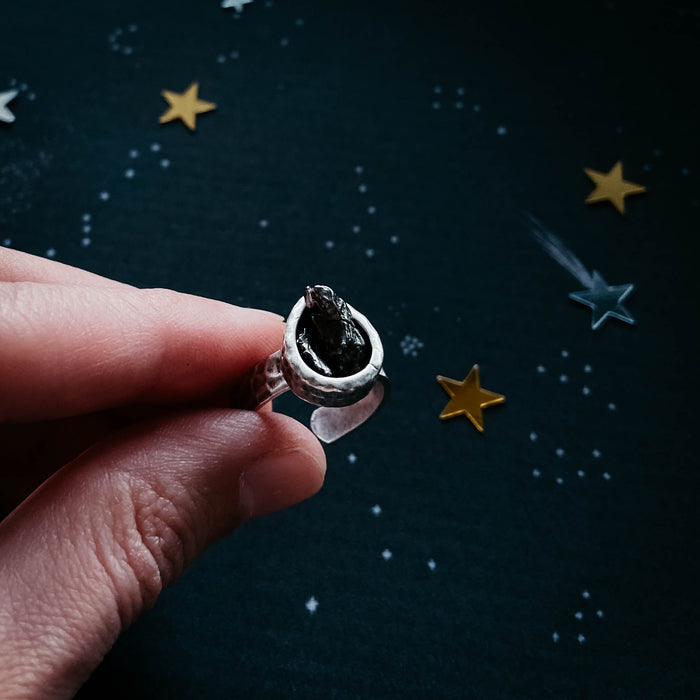 Chunky Teardrop Raw Meteorite Ring in Silver