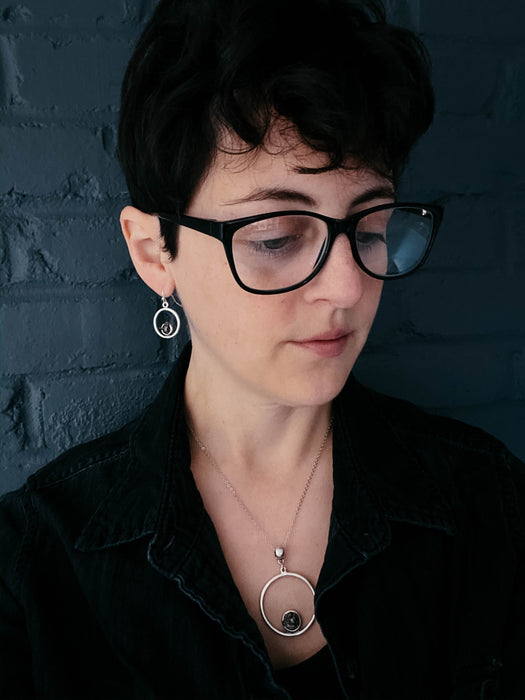 Circle Silver Earrings with Raw Meteorite