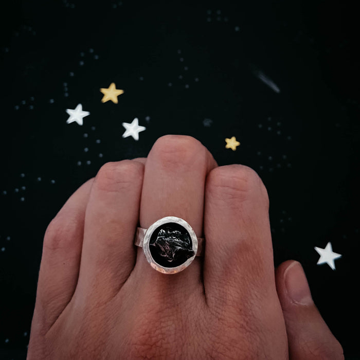 Chunky Round Raw Meteorite Ring in Silver