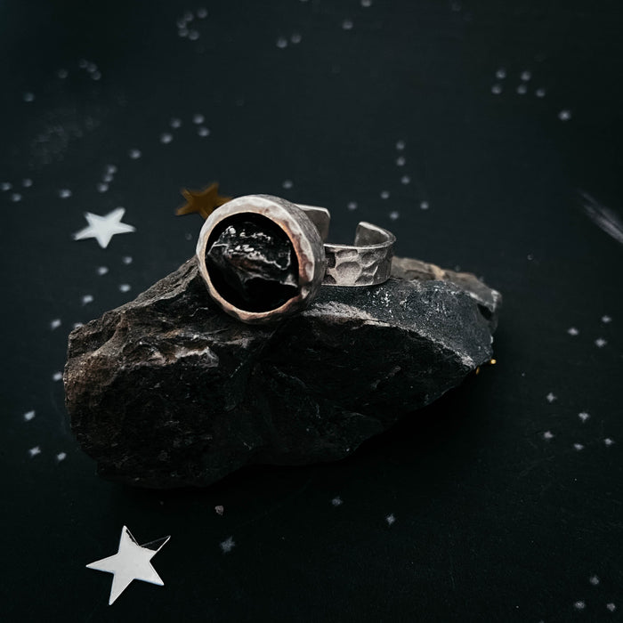 Chunky Round Raw Meteorite Ring in Silver