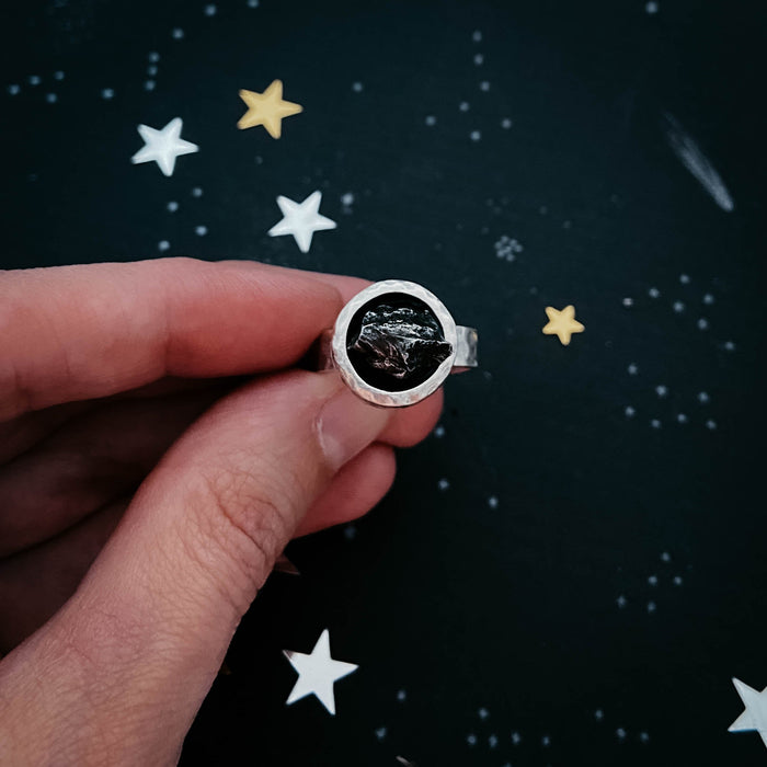 Chunky Round Raw Meteorite Ring in Silver