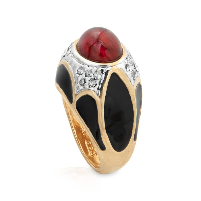 Vintage Ring 1980s Black Enamel Ring with Ruby Cabochon Stone