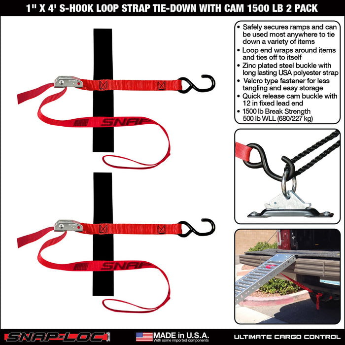 SNAP-LOC 1 in x 4 ft S-Hook Loop Cam Strap Tie-Down 1,500 lb 2-Pack