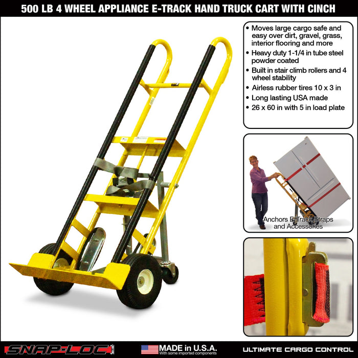 SNAP-LOC 500 lb Capacity 4 Wheel Appliance E-Track Hand Truck Cart with Cinch