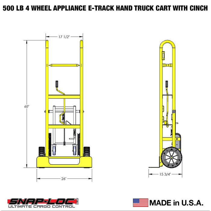 SNAP-LOC 500 lb Capacity 4 Wheel Appliance E-Track Hand Truck Cart with Cinch