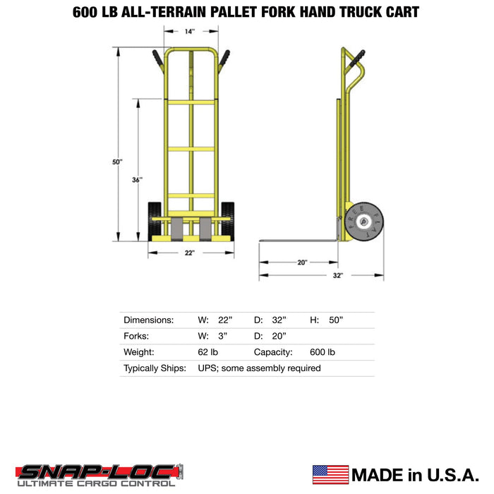 SNAP-LOC 600 lb Capacity All-Terrain 2 Wheel Pallet Fork Hand Truck Cart