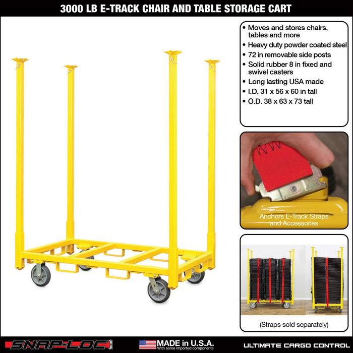 SNAP-LOC 3000 lb Capacity 4 Wheel Chair Table Storage Cart, Oversized Solid Rubber Caster Wheels