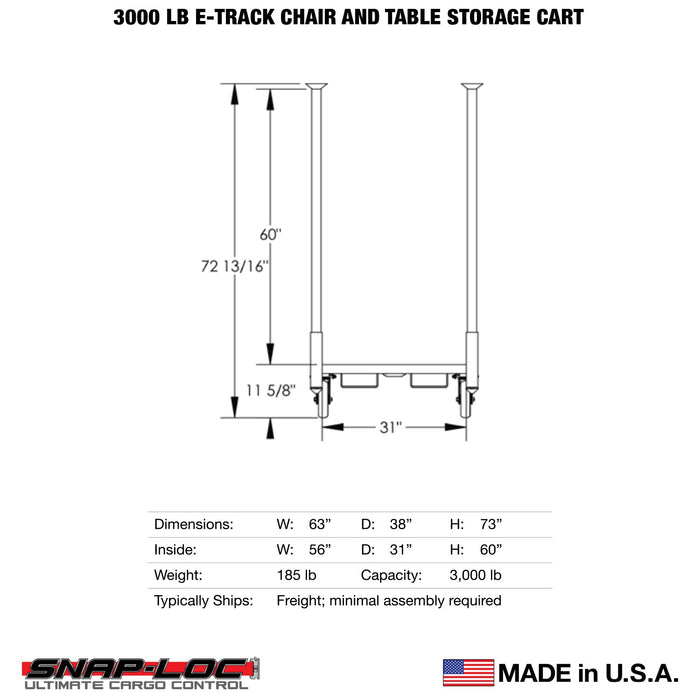 SNAP-LOC 3000 lb Capacity 4 Wheel Chair Table Storage Cart, Oversized Solid Rubber Caster Wheels