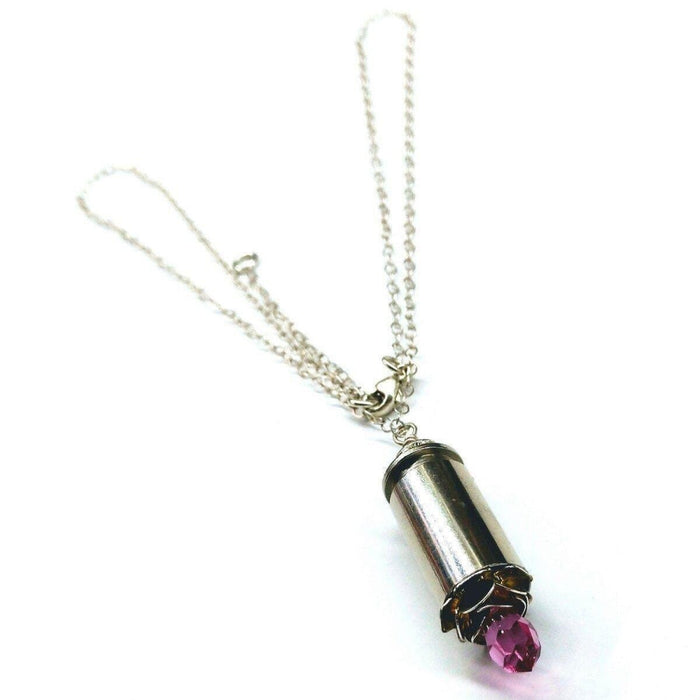 Vintage Style Pink Crystal Drop Silver Bullet Necklace