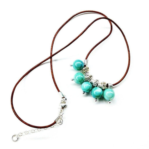 Silver Green Blue Shell Bead Charm Leather Necklace