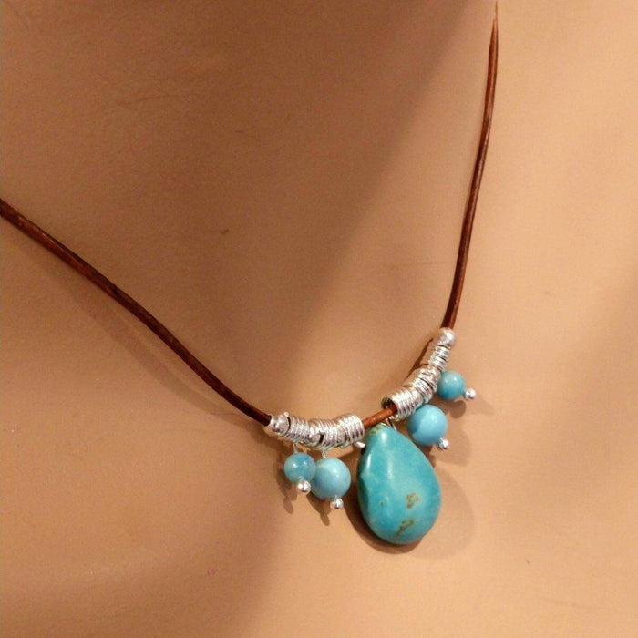 Silver Turquoise Drop Bead Charm Leather Necklace