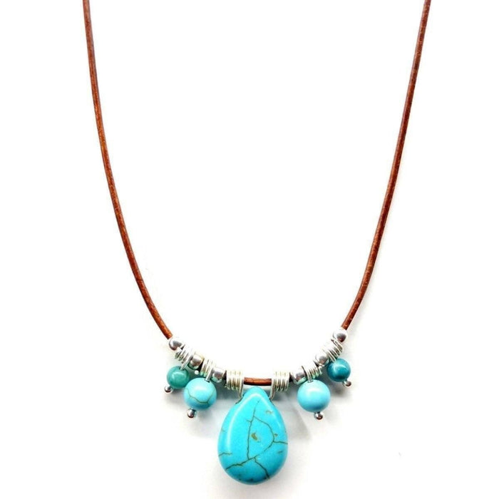 Silver Turquoise Drop Bead Charm Leather Necklace