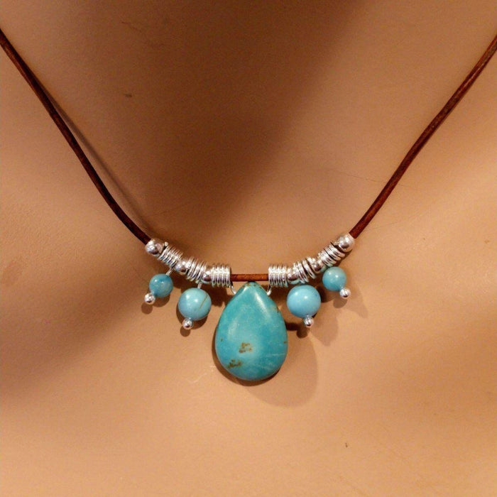 Silver Turquoise Drop Bead Charm Leather Necklace