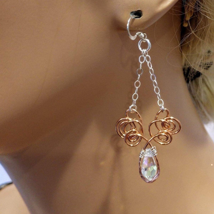 Wire Sculpted Crystal Drop Chandelier Angel Wing Earrings