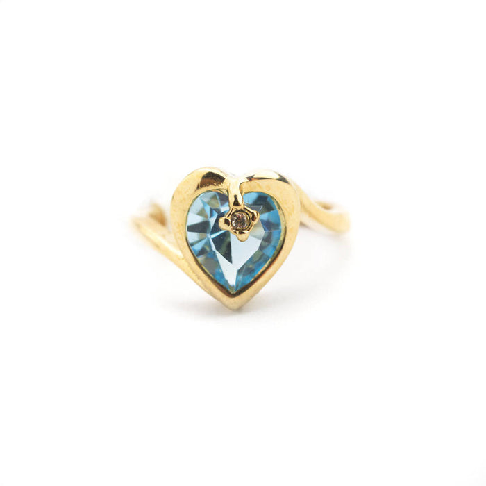 Vintage 1970s Heart Shape Ring with Clear Austrian Crystal 18k Yellow Gold Electroplated