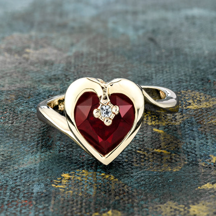 Vintage 1970s Heart Shape Ring with Clear Austrian Crystal 18k Yellow Gold Electroplated