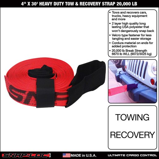 SNAP-LOC 4 in x 30 ft Heavy Duty Tow Recovery Strap 20,000 lb