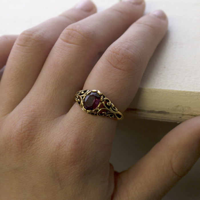 Vintage Ruby Crystal Ring 18k Gold Electroplated Birthstone Ring